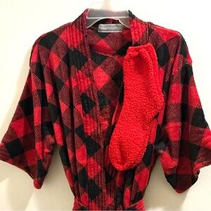 Red and Black Buffalo Plaid Robe with Socks Bundle
